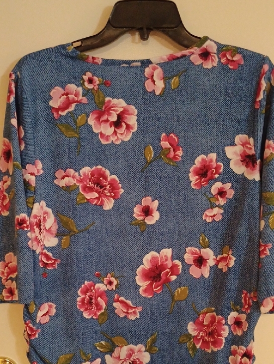 Bon Worth Blue Floral 3/4  Sleeve Top with Pink Flowers - Picture 2 of 6